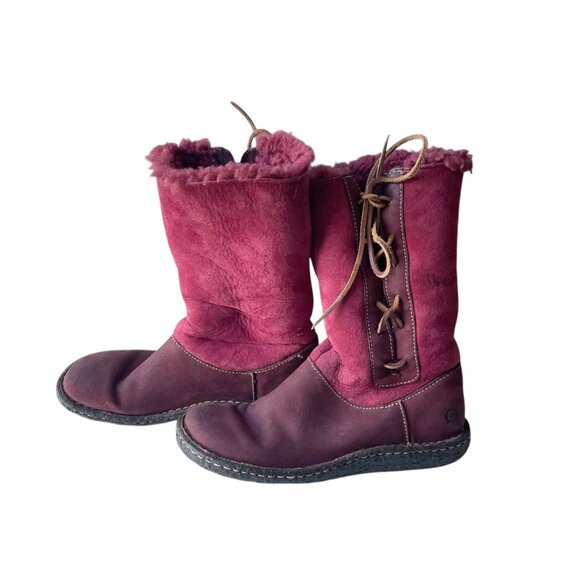 Born Burgundy Suede Leather Faux Sherpa Boots - 7 - Picture 4 of 11
